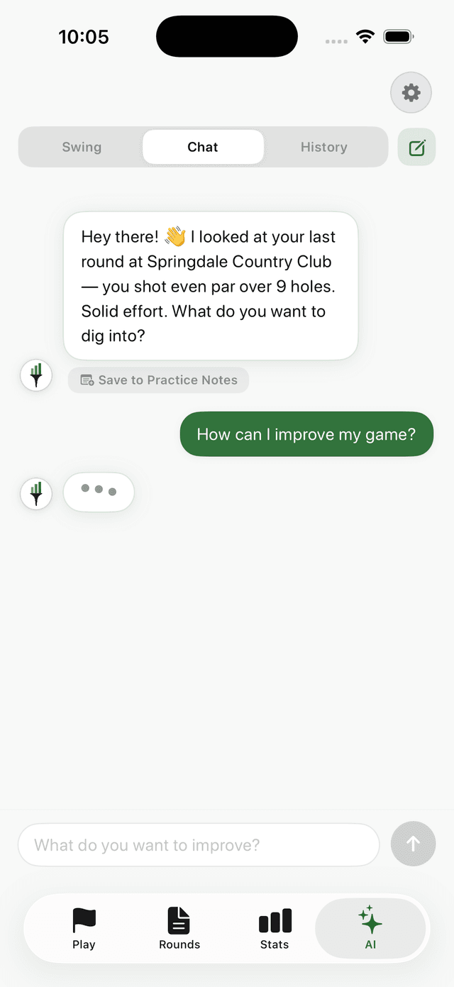 KilCard AI coach analyzing a completed round in chat